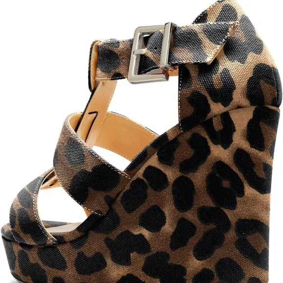 Brown Leopard Print Wedge Sandals with Strappy Design - Picture 6 of 10